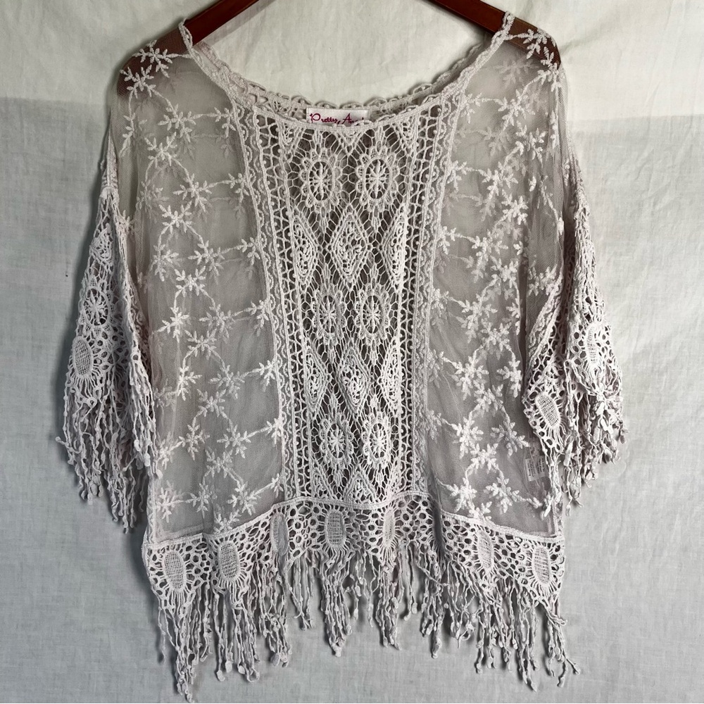 Pretty Angel Women S M Shirt Lace Sheer Mesh Fringe Pinkish White Fairy Coquette
